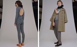 Left, a female model with shoulder length brown hair wearing a grey cat suit with a circular hole on the back. Right, a female model with short brown hair wearing a grey shirt, grey pants, a black scarf and a brown overcoat.