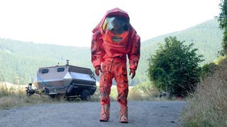 An image from "Z for Zachariah" of a man in a radiation suit