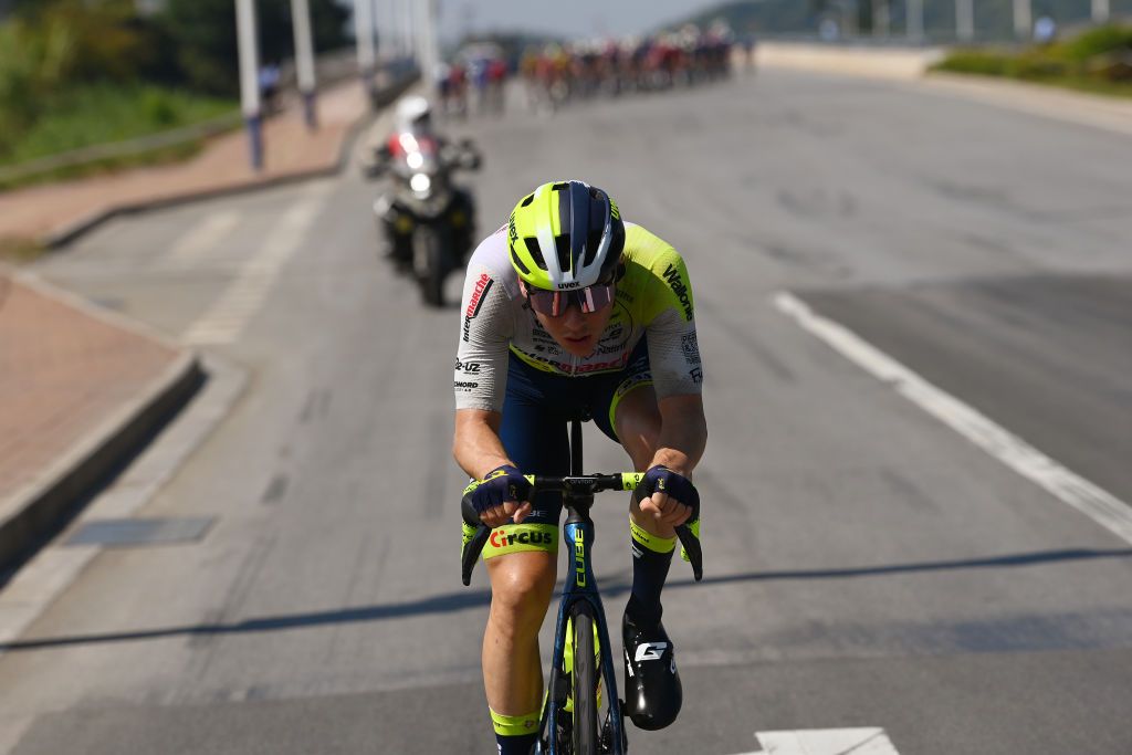 GUILIN CHINA OCTOBER 16 Rune Herregodts of Belgium and Team IntermarcheCircusWanty attacks during the 4th GreeTour of Guangxi 2023 Stage 5 a 2096km stage from Liuzhou to Guilin UCIWT on October 16 2023 in Guilin China Photo by Tim de WaeleGetty Images