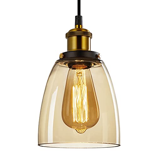 Forcoso Vintage Glass Pendant Lights - Pendant Lighting Ceiling With Glass Lampshade Adjustable Height Hanging Lights for Loft Kitchen Island Dining Room Bedroom(ø14cm)