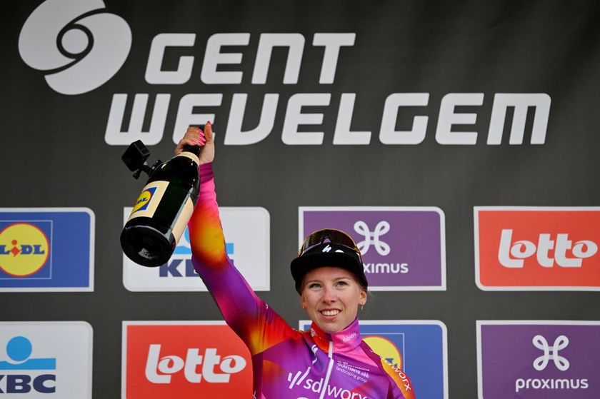 WEVELGEM BELGIUM MARCH 24 Lorena Wiebes of The Netherlands and Team SD WorxProtime celebrates at podium as race winner during the 13rd GentWevelgem in Flanders Fields 2024 Womens Elite a 1712km one day race from Ieper to Wevelgem UCIWWT on March 24 2024 in Wevelgem Belgium Photo by Luc ClaessenGetty Images