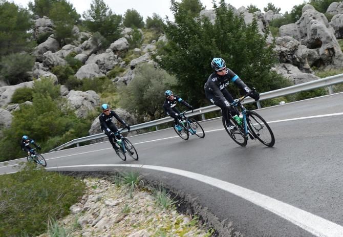 Bradley Wiggins leads a Sky training ride through the mountains of Mallorca