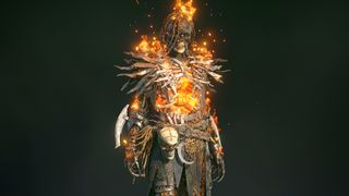 A skeletal Diablo 4 character cosmetic with a raging fire in their chest on a dark background