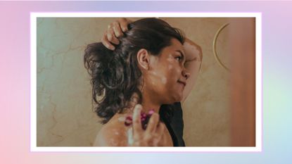 Woman holding her hair and to spray perfume on her neck/ in a pastel pink, blue and purple rectangle template