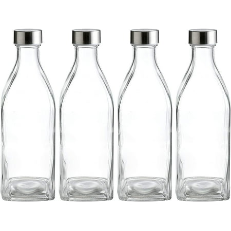 Whole Housewares 34 Oz Square Glass Water Bottles, 4 Pack of Reusable Drinking Bottles (clear)
