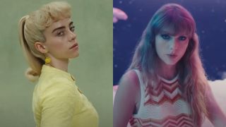 L to R: Billie Eilish in the music video for "What Was I Made For?"/Taylor Swift in the music video for "Lavender Haze."
