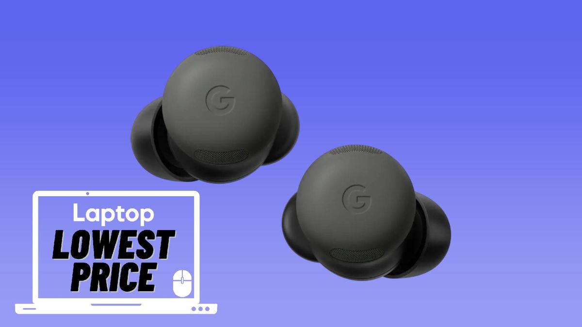 Black Google Pixel Buds and lowest price text against a blue gradient background 