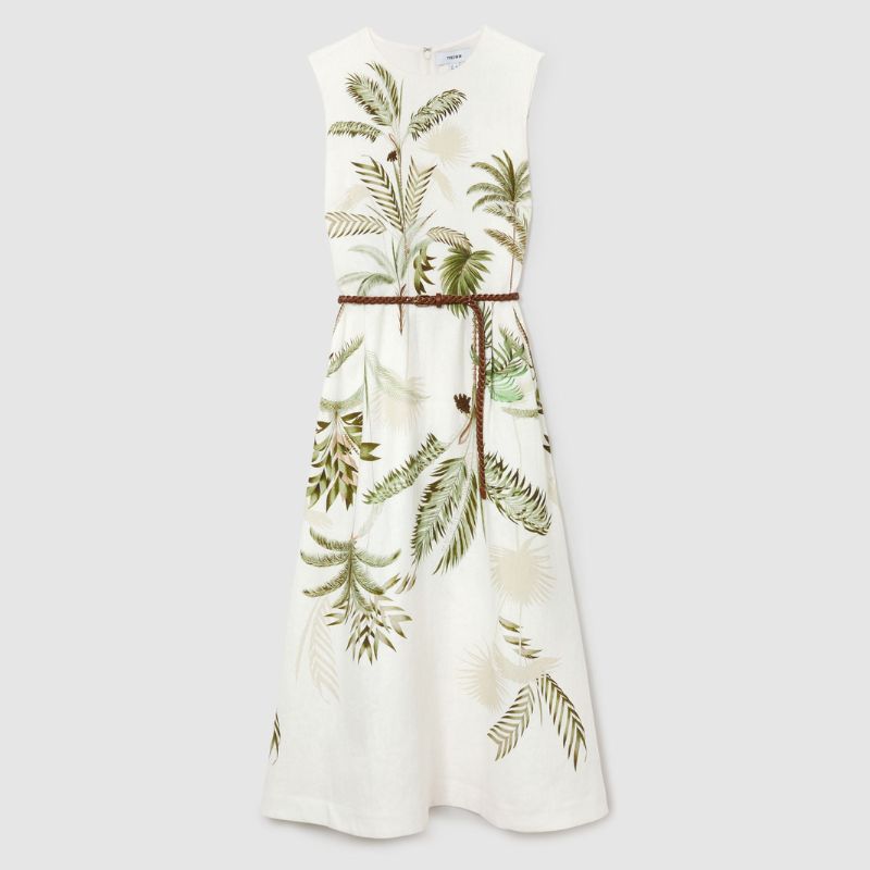 white midi dress green leaf print