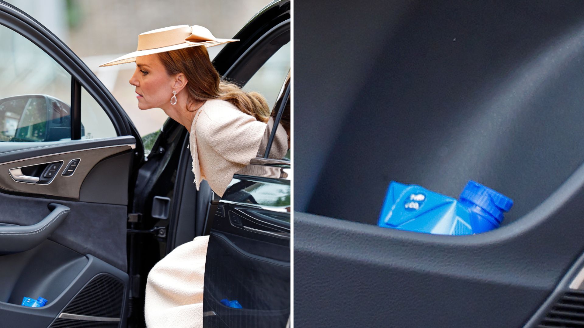 Catherine, Princess of Wales gets out of her Audi car as she arrives to attend the wedding of Peter Phillips and Harriet Sperling at All Saints' Church on June 6, 2026