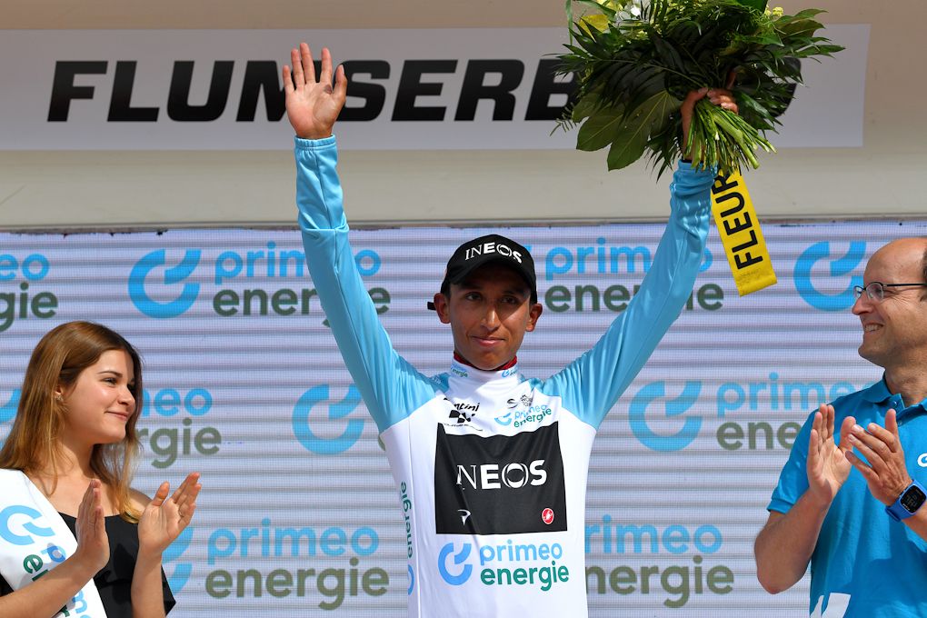 Egan Bernal in the white jersey after stage 6 at Tour de Suisse