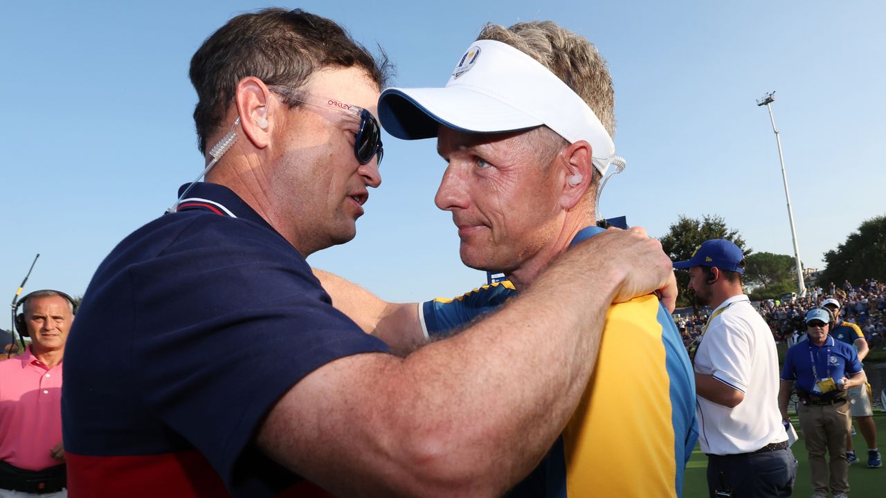 Zach Johnson congratulates Luke Donald after Europe&#039;s Ryder Cup victory at Marco Simone