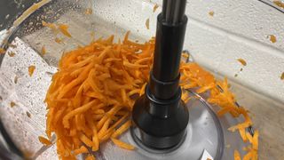 A close up of some carrot that was grated by the Cuisinart Expert Prep Pro.