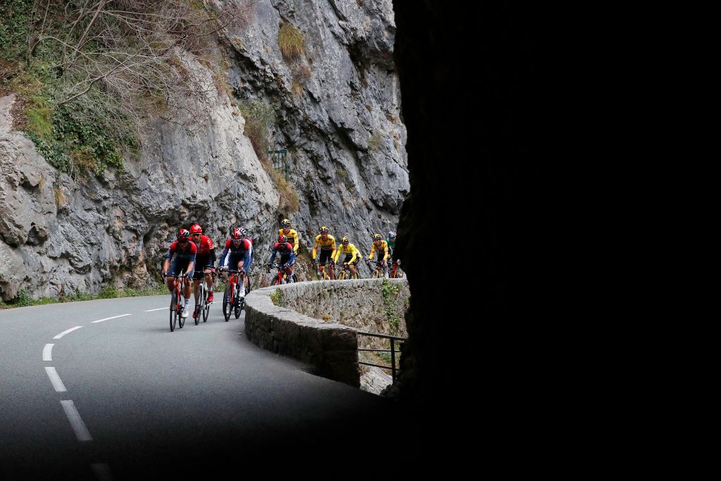 COL DE TURINI FRANCE MARCH 12 Andrey Amador Bikkazakova of Costa Rica and Team INEOS Grenadiers Laurent Pichon of France and Team Arka Samsic Luke Rowe of United Kingdom Omar Fraile Matarranz of Spain Daniel Felipe Martinez Poveda of Colombia and Team INEOS Grenadiers Christophe Laporte of France Primoz Roglic of Slovenia Yellow Leader Jersey Wout Van Aert of Belgium and Team Jumbo Visma Green Points Jersey lead The Peloton during the 80th Paris Nice 2022 Stage 7 a 1555km stage from Nice to Col de Turini 1605m ParisNice WorldTour on March 12 2022 in Col de Turini France Photo by Bas CzerwinskiGetty Images