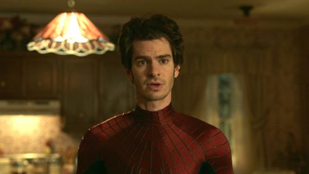 Andrew Garfield's Peter Parker in his Spider-Man suit in Ned's Lola's house during No Way Home. 