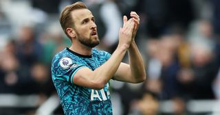 Manchester United target Harry Kane of Tottenham Hotspur applauds the fans after the team's defeat during the Premier League match between Newcastle United and Tottenham Hotspur at St. James Park on April 23, 2023 in Newcastle upon Tyne, England