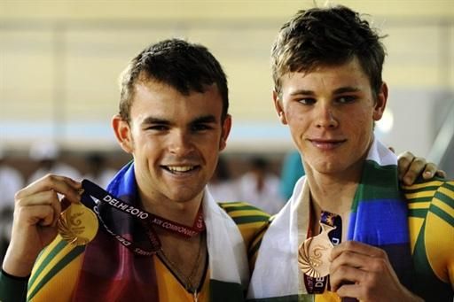 Australia's Jack Bobridge, left, and Michael Hepburn with their respective gold and bronze medals from the 4,000 individual pursuit.