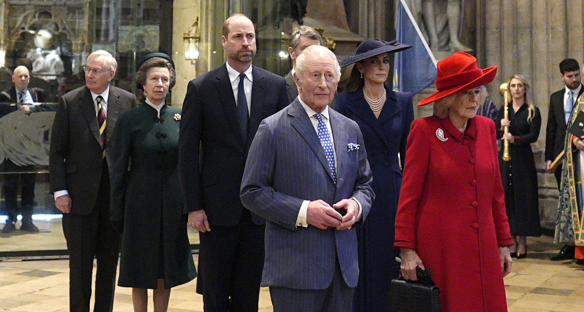King Charles, Queen Camilla, Princess Anne, Prince William and Princess Kate standing in a line at the Commonwealth ceremony