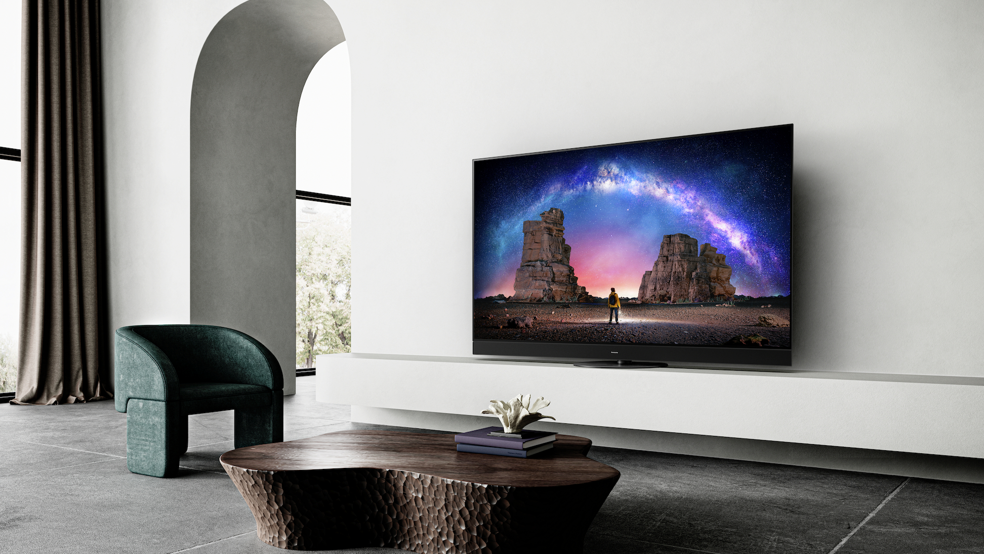 Panasonic LZ2000 TV on counter in stylish home