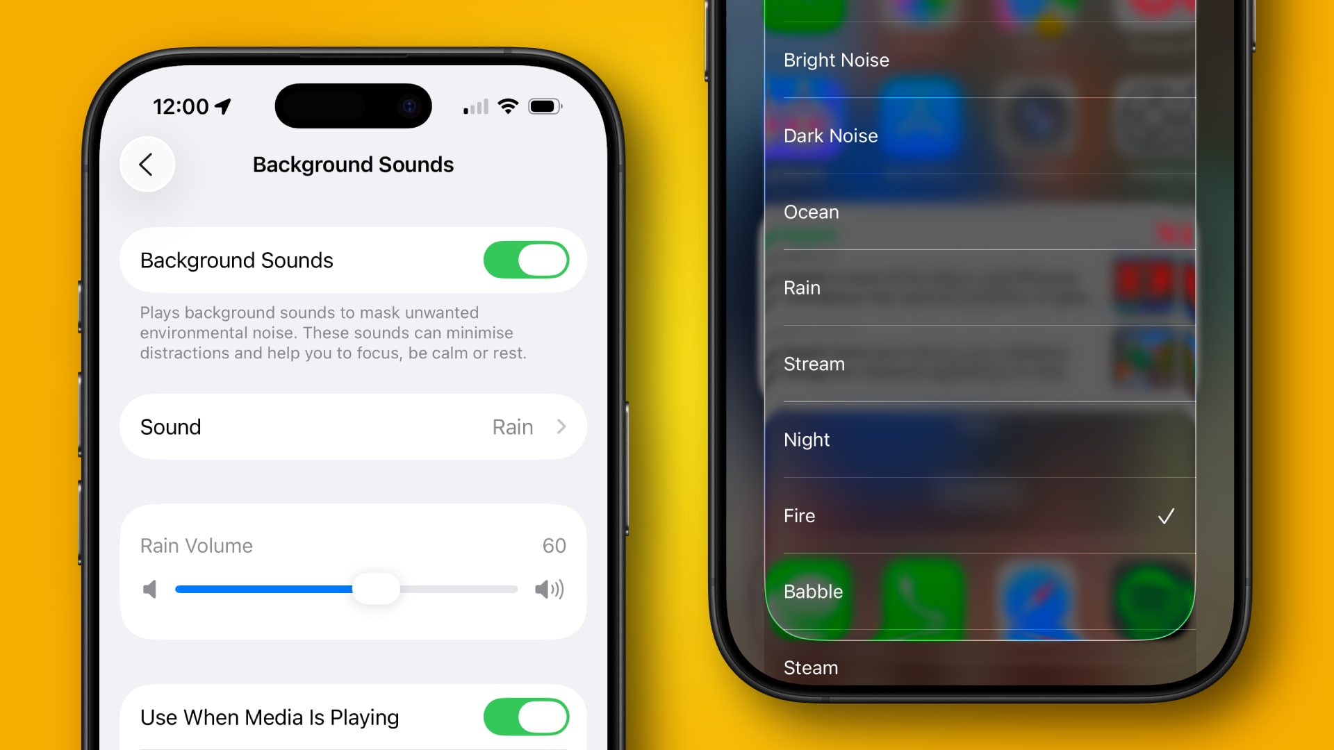 iOS 26 features shown on two iPhone 16 Pro models.