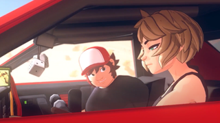 Two character sitting in the front of a car talking and driving