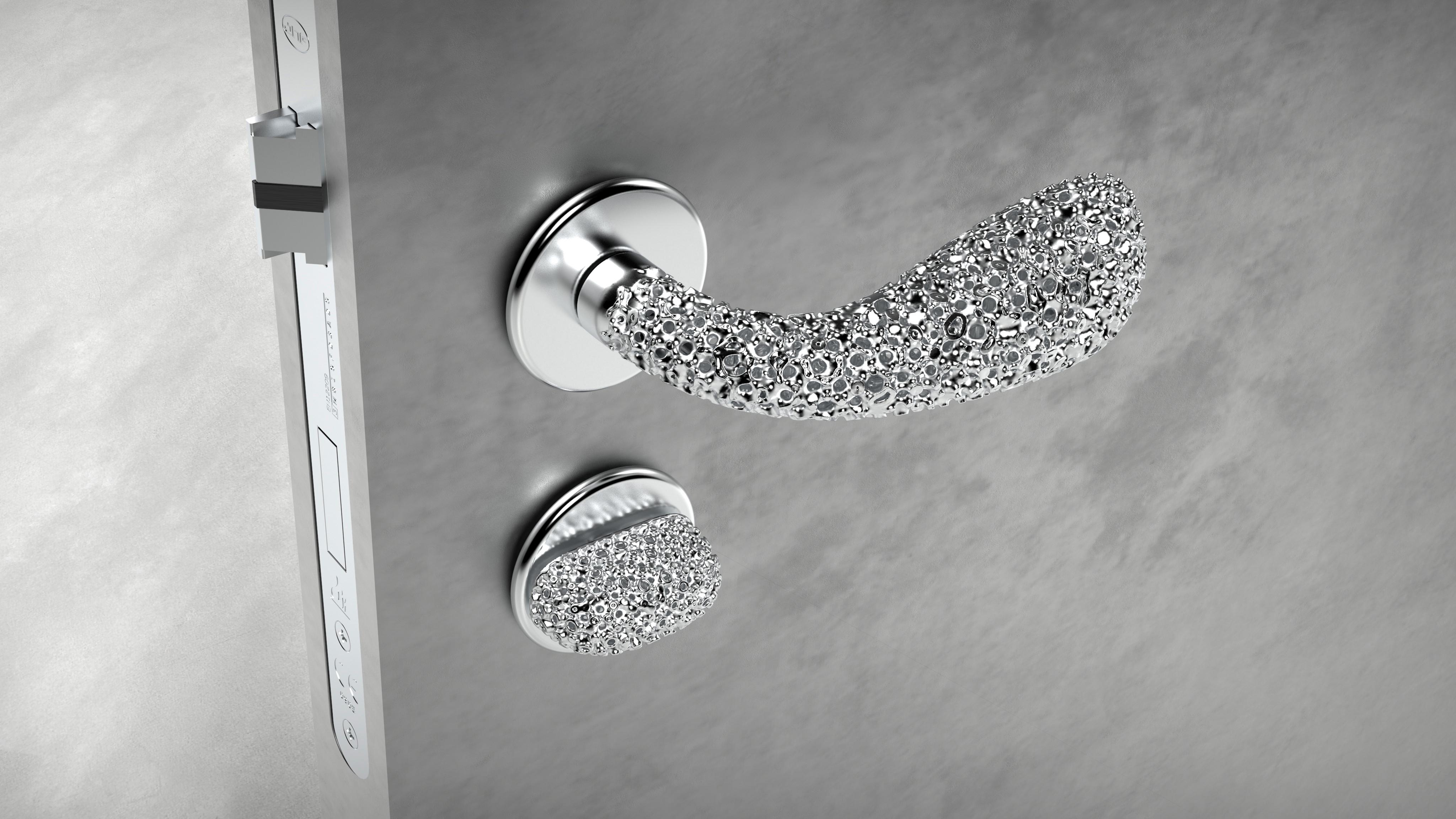 silver door handle on grey door