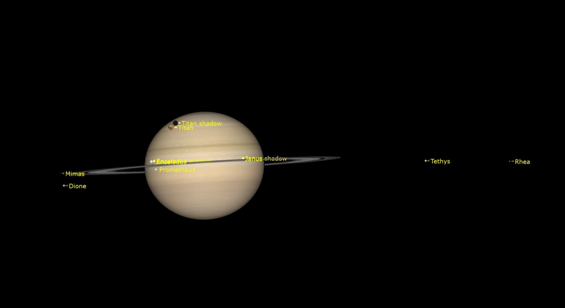 an illustration of a pale yellow ringed planet surrounded by nine very small moons