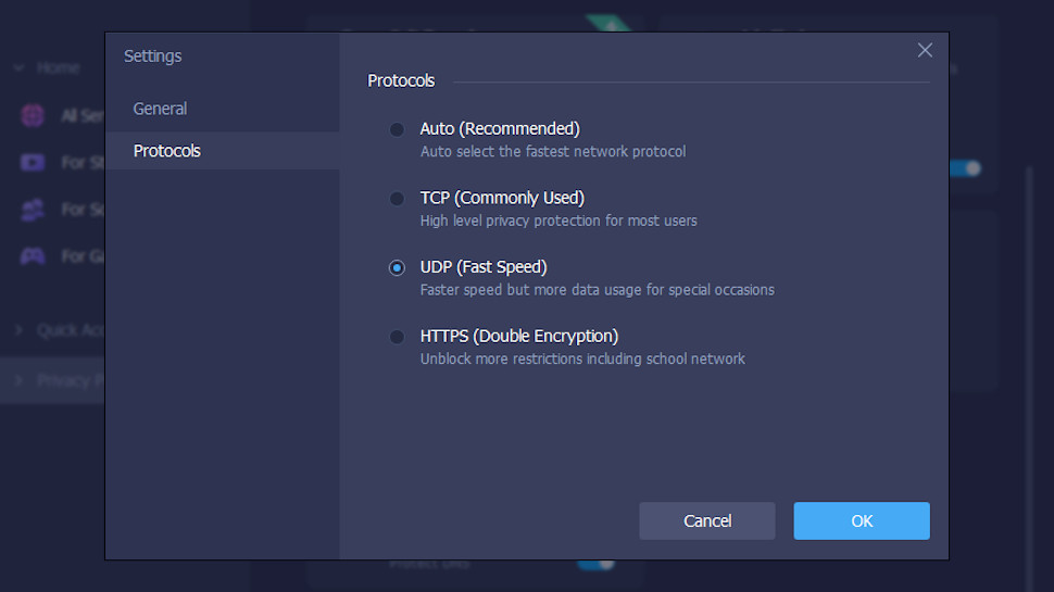 iTop VPN Windows app protocol settings