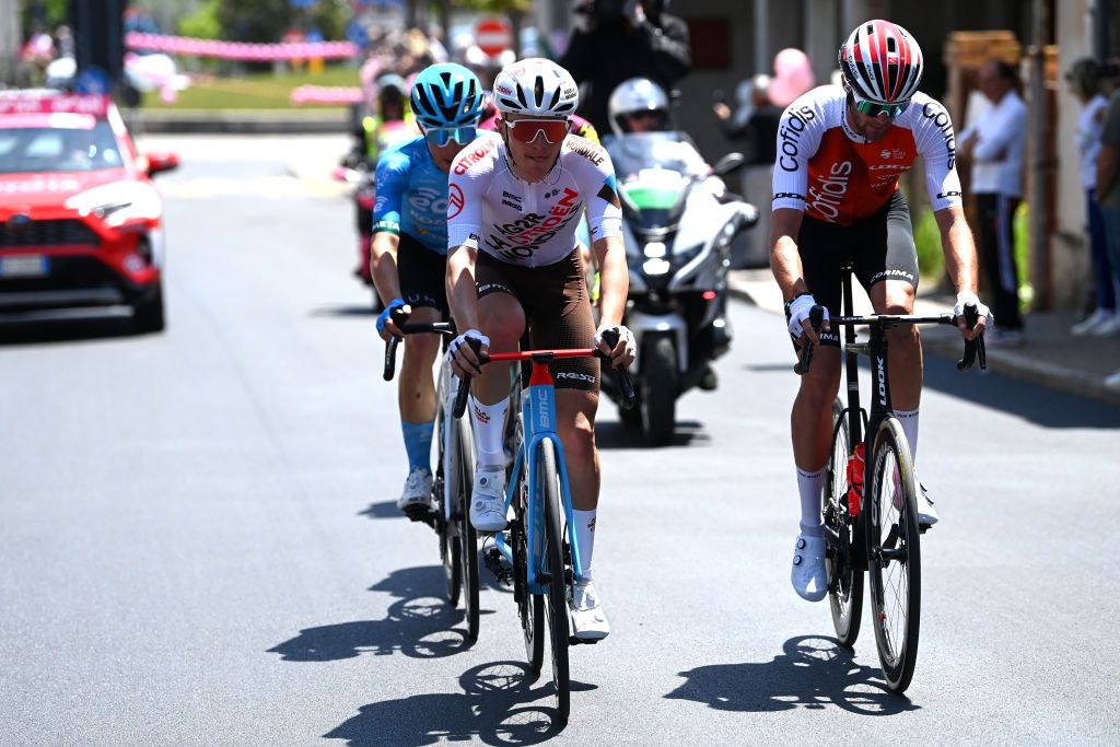 SAN SALVO ITALY MAY 07 LR Paul Lapeira of France and AG2R Citron Team and Thomas Champion of France and Team Cofidis compete in the breakaway during the 106th Giro dItalia 2023 Stage 2 a 202km stage from Teramo to San Salvo UCIWT on May 07 2023 in San Salvo Italy Photo by Tim de WaeleGetty Images