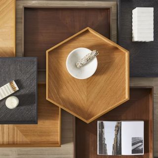 Modern Marquetry Wood Trays against a dark wood background. 