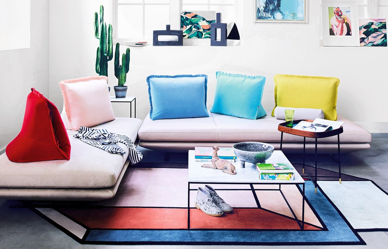 A living room filled with bold colors