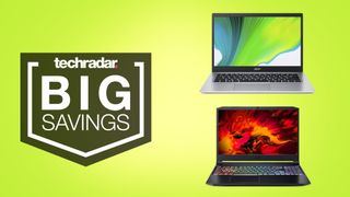 Acer Nitro 5 and Aspire 5 laptops on green background with big savings text overlay