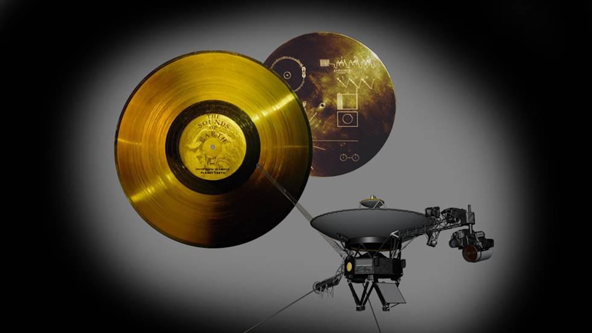 A golden record interposed with an image of Voyager spacecraft, a black-and-gray object with antennas