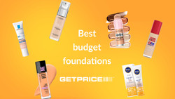 Orange/yellow background with white writing in the middle that says Best budget foundations with scattered images of foundation products