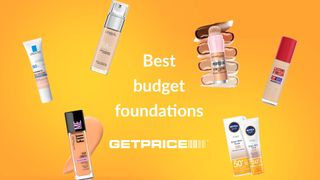 Orange/yellow background with white writing in the middle that says Best budget foundations with scattered images of foundation products