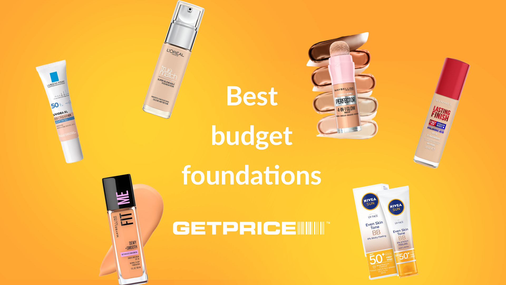 Orange/yellow background with white writing in the middle that says Best budget foundations with scattered images of foundation products