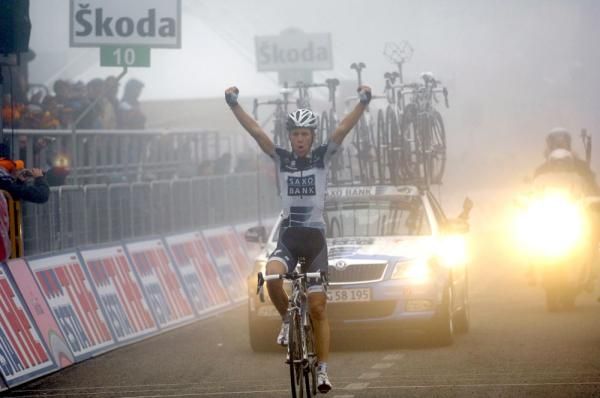 Chris Anker S&oslash;rensen (Saxo Bank) emerges from the fog to win stage eight at the Giro d'Italia