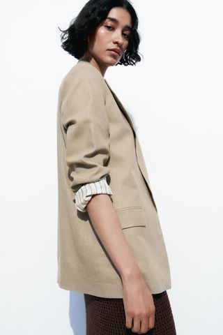 ZARA, Linen Blend Roll-Up Sleeve Open Blazer