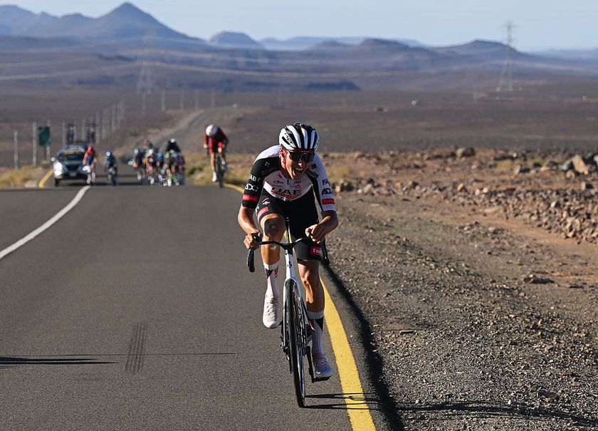 SKYVIEWS OF HARRAT UWAYRID, SAUDI ARABIA - JANUARY 31: Jan Christen of Switzerland and UAE Team ADQ attacks during the 6th AlUla Tour 2026, Stage 5 a 163.9km stage from AlUla Old Town to Skyviews of Harrat Uwayrid 1166m on January 31, 2026 in Harrat Uwayrid, Saudi Arabia. (Photo by Dario Belingheri/Getty Images)