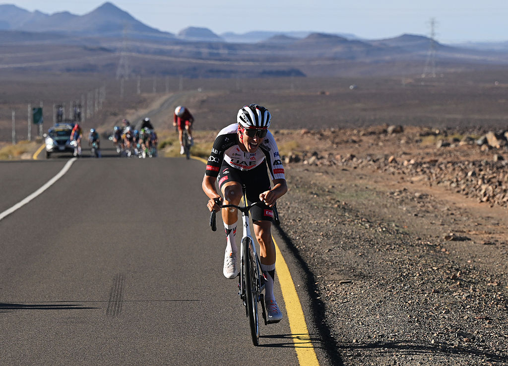 SKYVIEWS OF HARRAT UWAYRID, SAUDI ARABIA - JANUARY 31: Jan Christen of Switzerland and UAE Team ADQ attacks during the 6th AlUla Tour 2026, Stage 5 a 163.9km stage from AlUla Old Town to Skyviews of Harrat Uwayrid 1166m on January 31, 2026 in Harrat Uwayrid, Saudi Arabia. (Photo by Dario Belingheri/Getty Images)