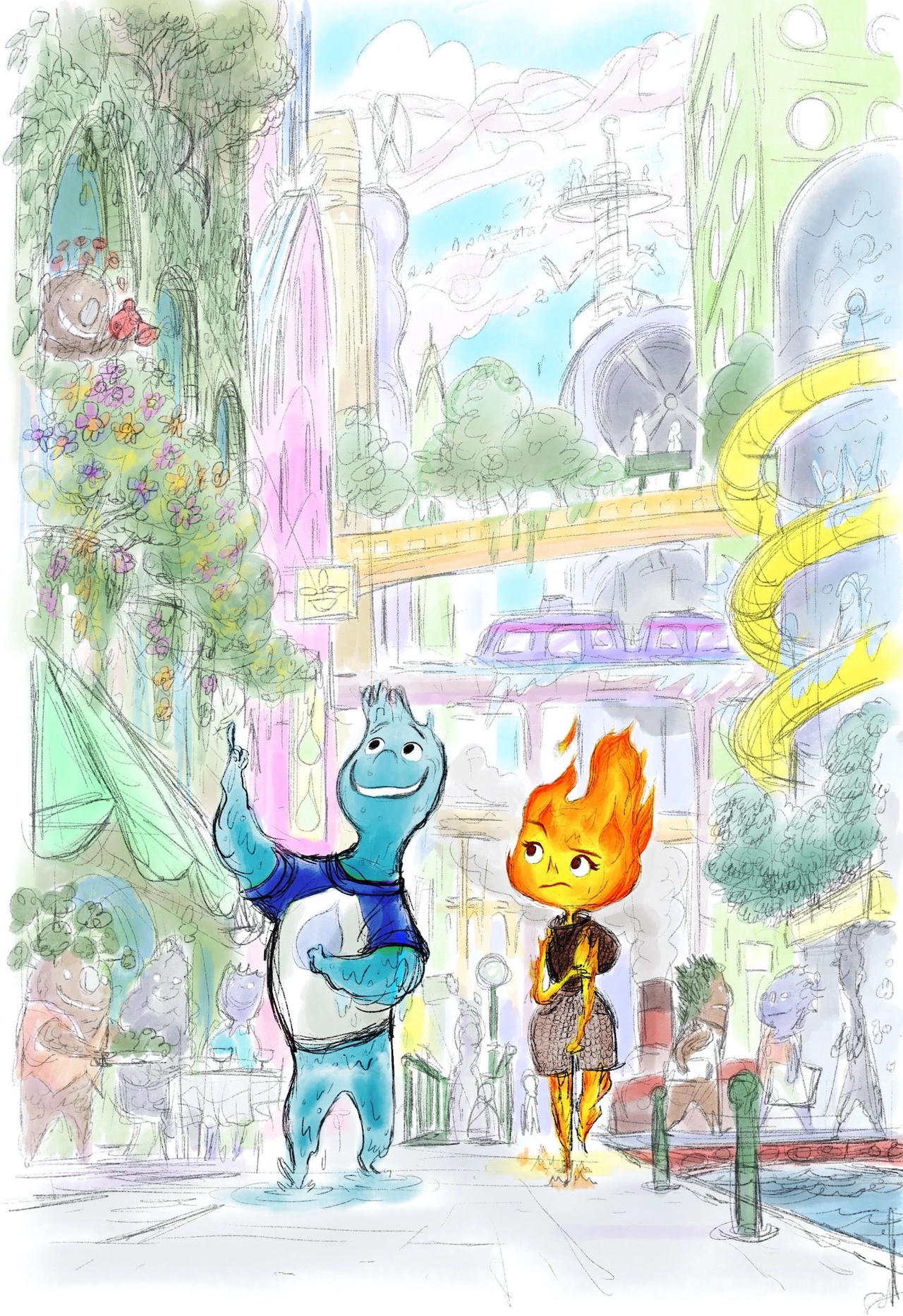 Concept art of Ember and Wade in Pixar movie Elemental