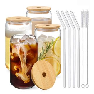 Drinking Glasses with Bamboo Lids and Glass Straw 4pcs Set