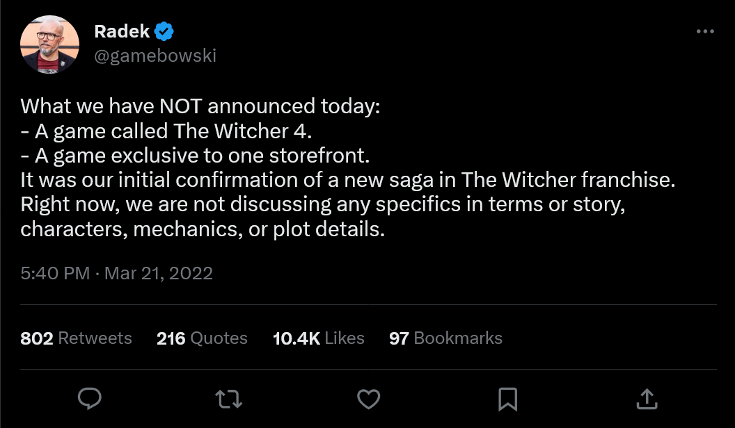 Radek Grabowski tweet says CD Projekt has not announced The Witcher 4