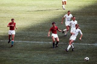 Bulgaria take on Hungary in the men's football final at the 1968 Olympic Games in Mexico City.