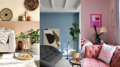 three living room images with terracotta, blue and pink colour schemes to show the best colour combinations for a living room