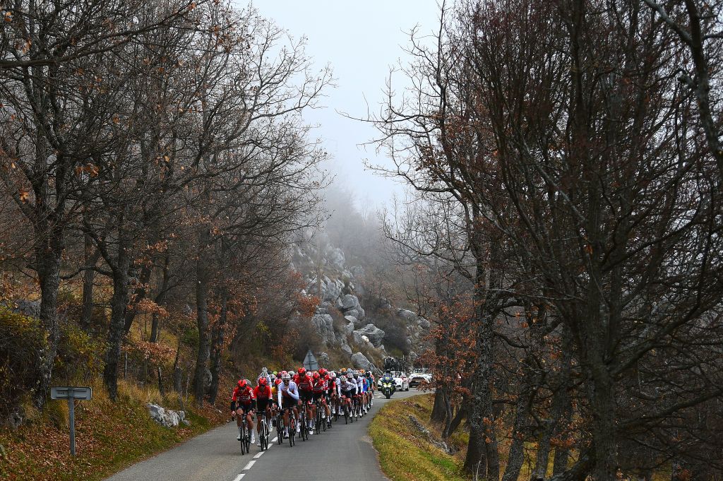 LA TURBIE FRANCE FEBRUARY 19 A general view of the peloton competing during the 54th Tour Des Alpes Maritimes Et Du Var Stage 2 a 1491km stage from PugetThniers to La Turbie on February 19 2022 in La Turbie France Photo by Dario BelingheriGetty Images