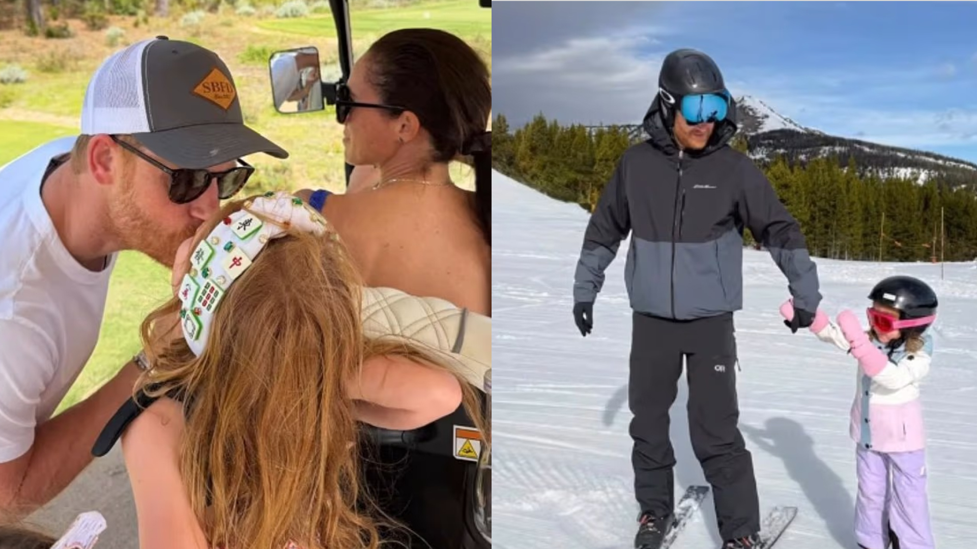 A split image of Prince Harry kissing Lilibet and Harry and Lilibet skiing