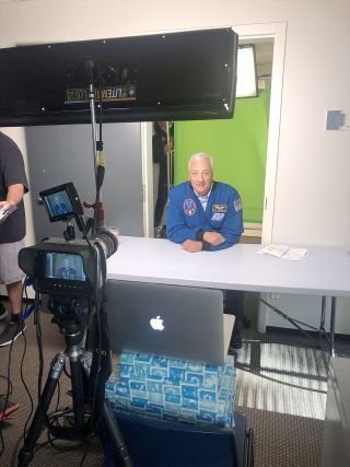 Former NASA astronaut Mike Massimino, who was a technical advisor to the series, films his cameo appearance for the first episode of the Netflix series "Away."
