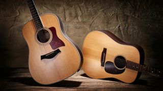 A Taylor 410E-R steel-string electro-acoustic guitar (L) and a Martin DR Centennial steel-string acoustic guitar