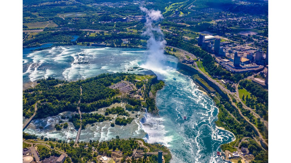 An aerial landscape of the Niagara and American waterfalls