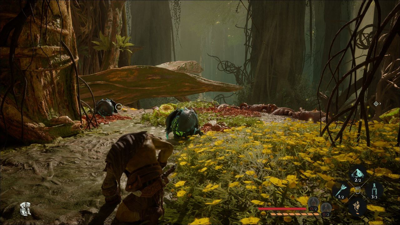 A goblin stalks a green bug